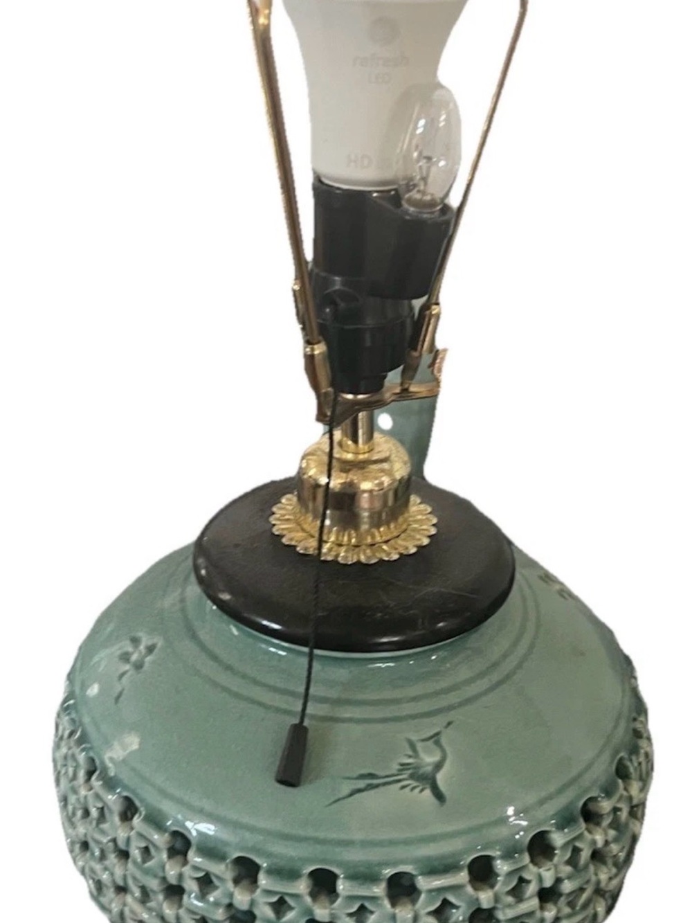 Vintage Korean Celadon Reticulated Pottery Table Lamp Flying Cranes 12in